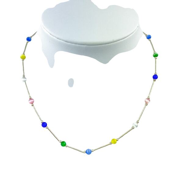 Multicolor Cat's Eye Beaded Necklace | Sterling Silver 925 | 15.75" - Picture 1 of 5